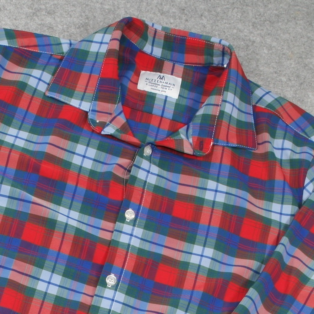 Mizzen+Main Mens Button Down Shirt XL Red Blue Plaid Trim Fit Performance Fabric